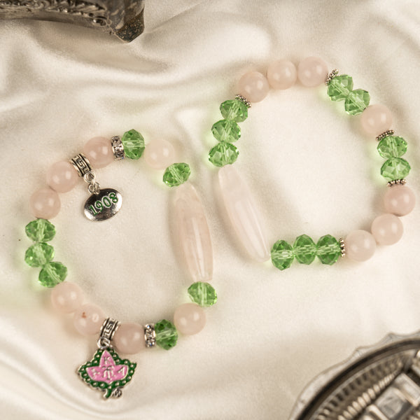 AKA Bracelets with Rose and Green Quartz with Charms