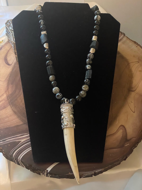 Ivory Tusk with Striped Agate Shugite and Pyrite Necklace