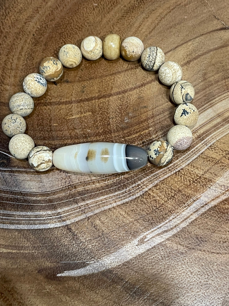 Agate Center Stone with Picture Jasper Beaded Bracelet