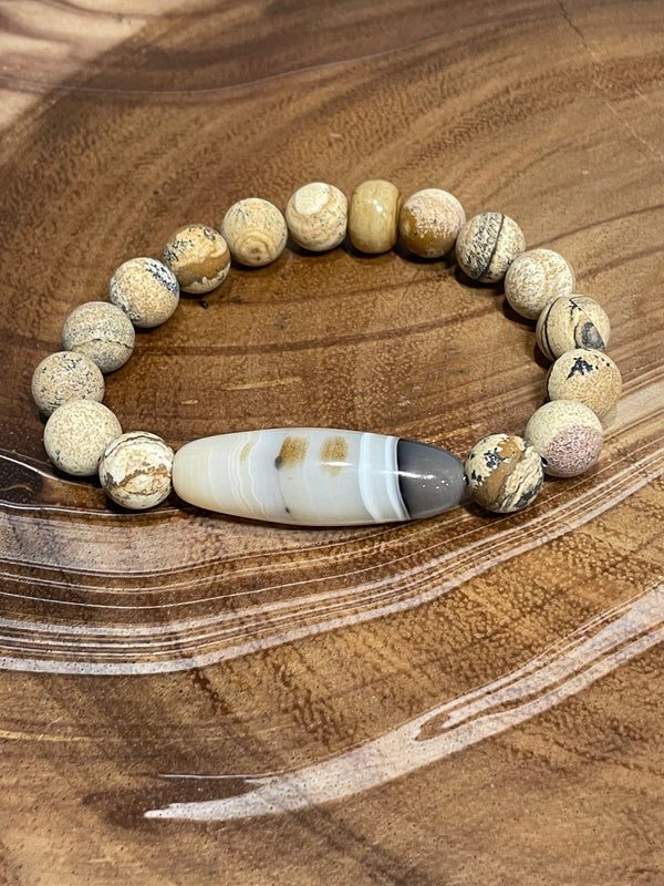Agate Center Stone with Picture Jasper Beaded Bracelet