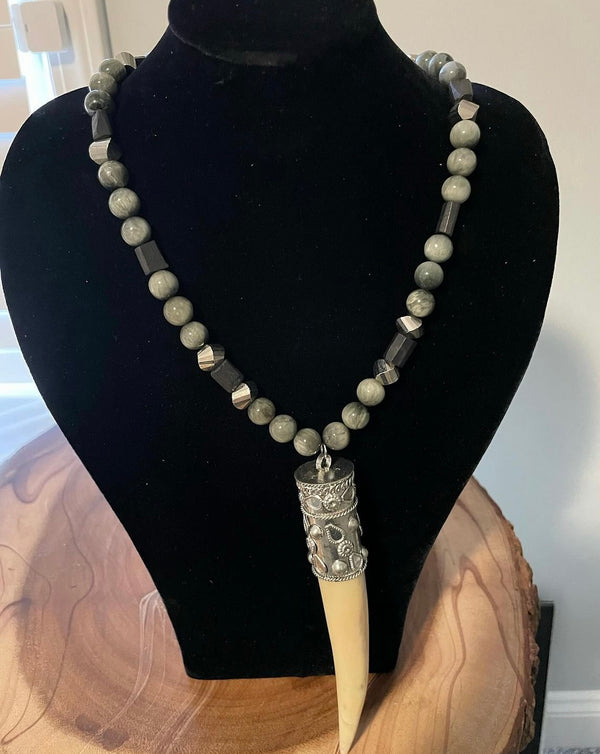 Grey Hawkeye Beaded Necklace with white tusk