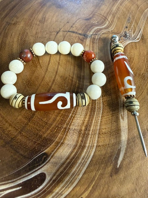 Red Agate Poker and Bracelet set or agate cigar poker