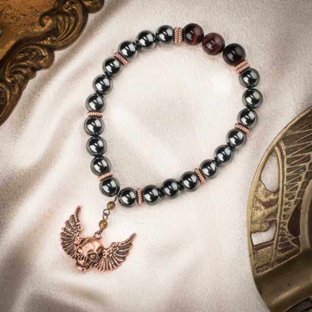 Cooper Winged Skull Bracelet with Hematite