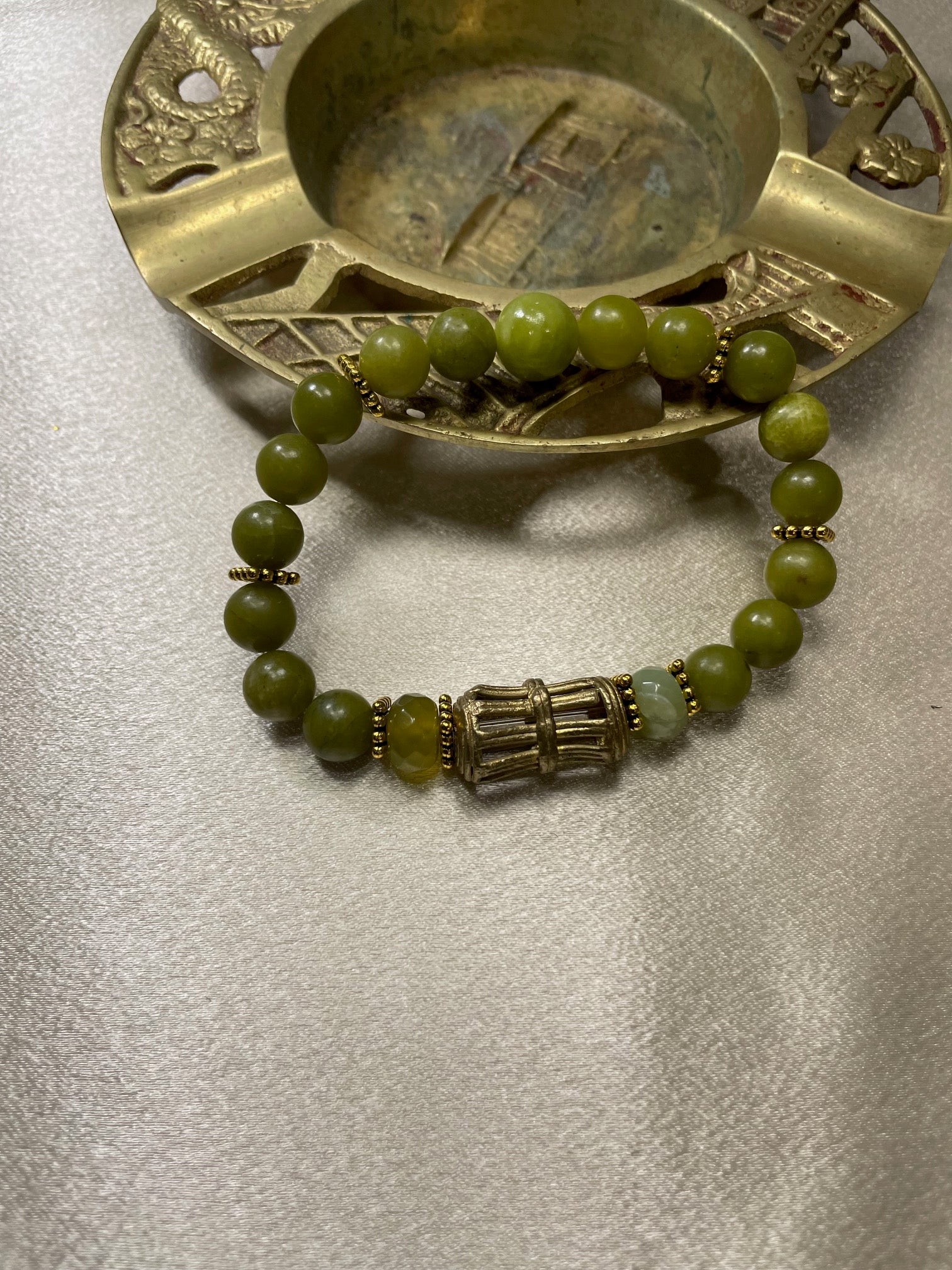 Green wood bracelet with gold findings