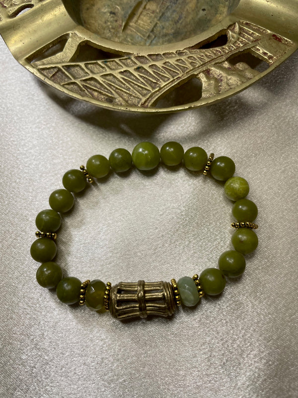 Green wood bracelet with gold findings