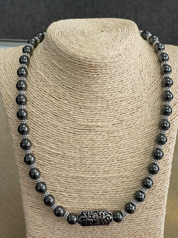 Hematite Necklace with brocade center stone