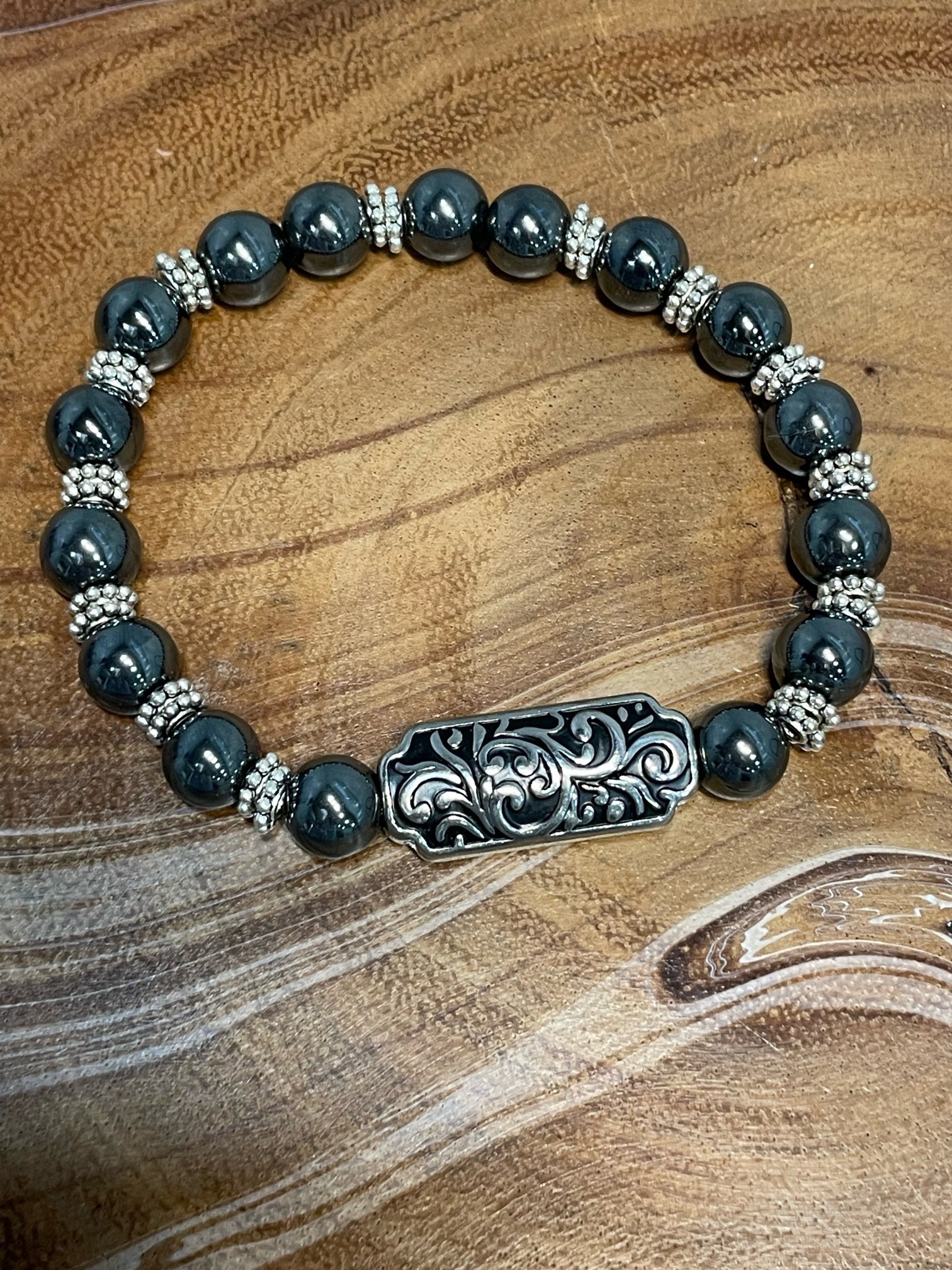 Hematite Bracelet with Brocade center bead