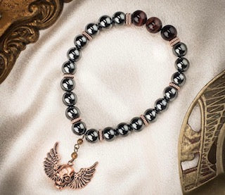 Winged Skull Bracelet in Hematite or Black Onyx Beads