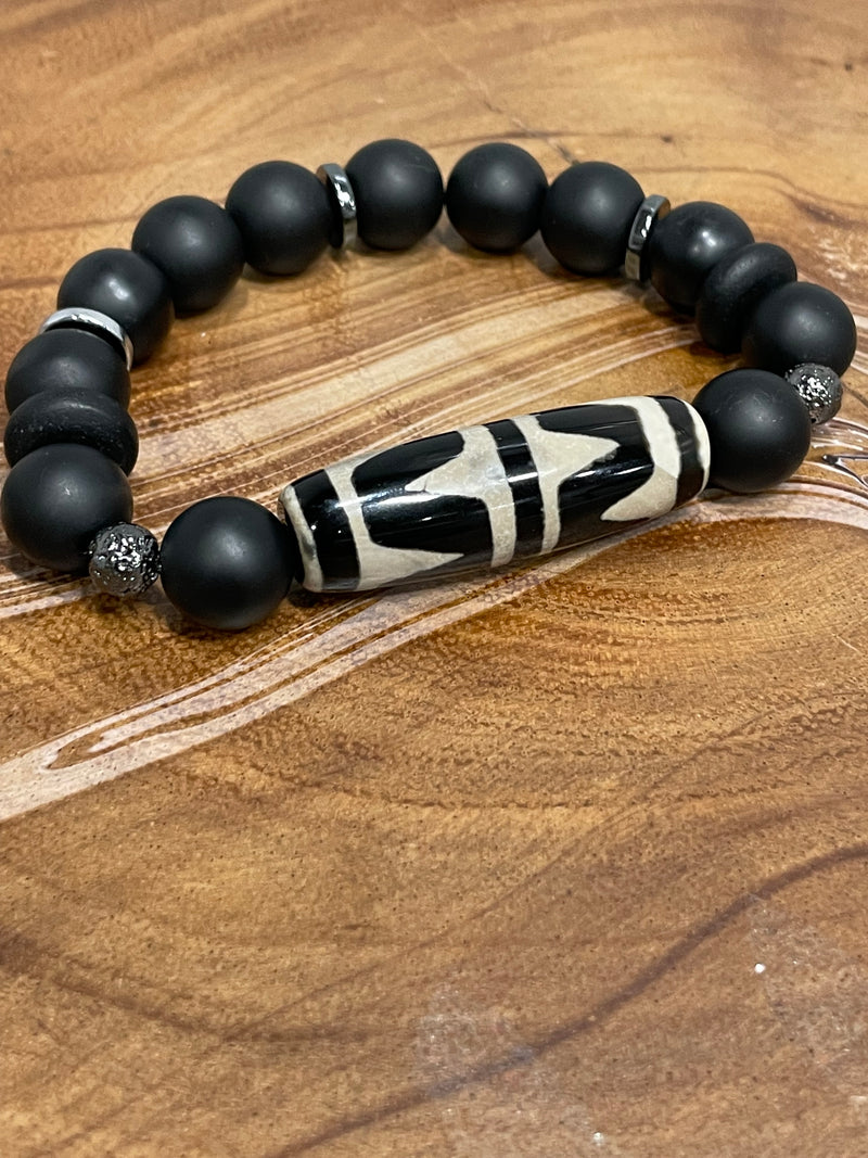 Black and Light Tan Agate Stone with Gunmetal accents.