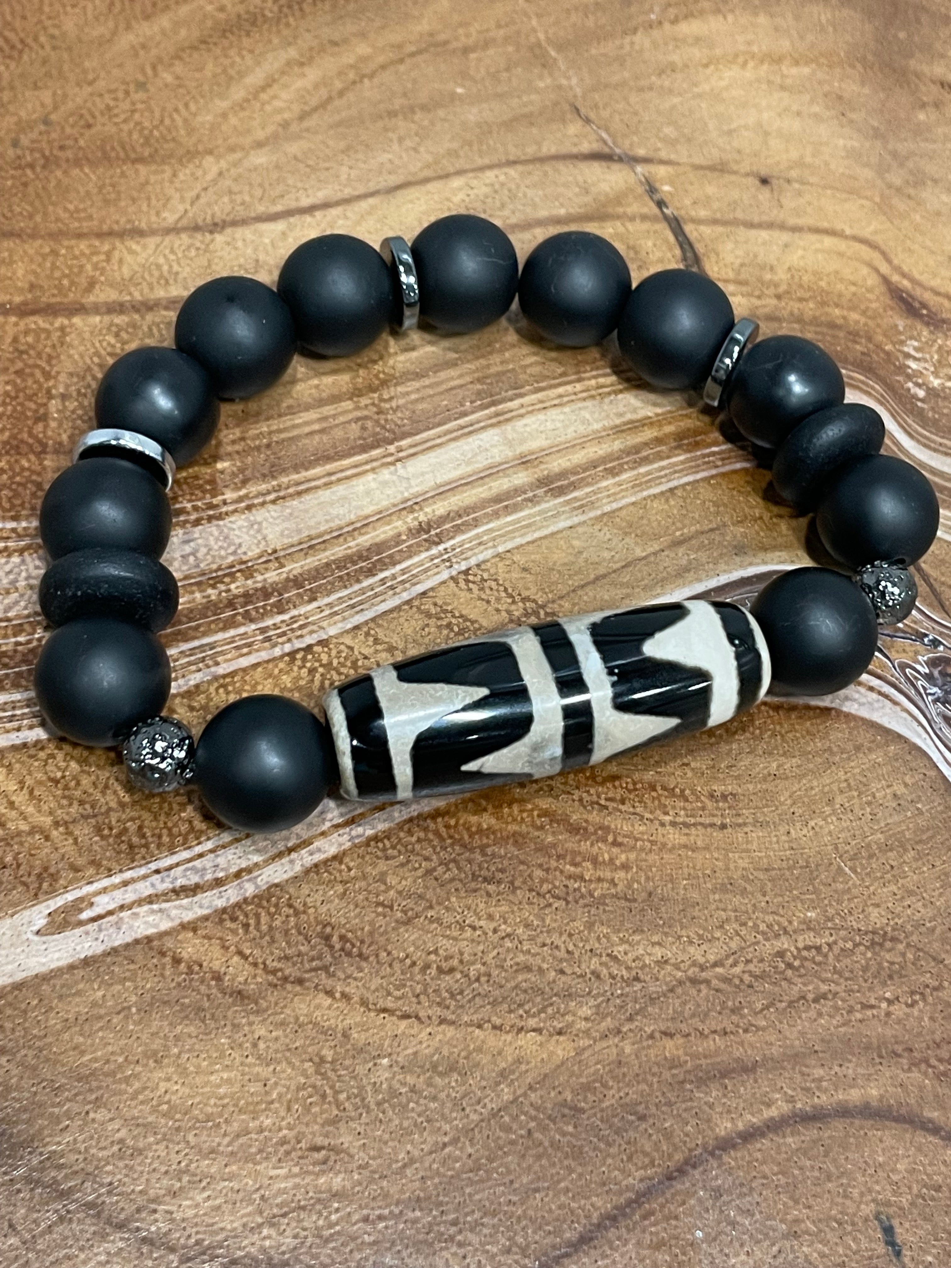 Black and Light Tan Agate Stone with Gunmetal accents.