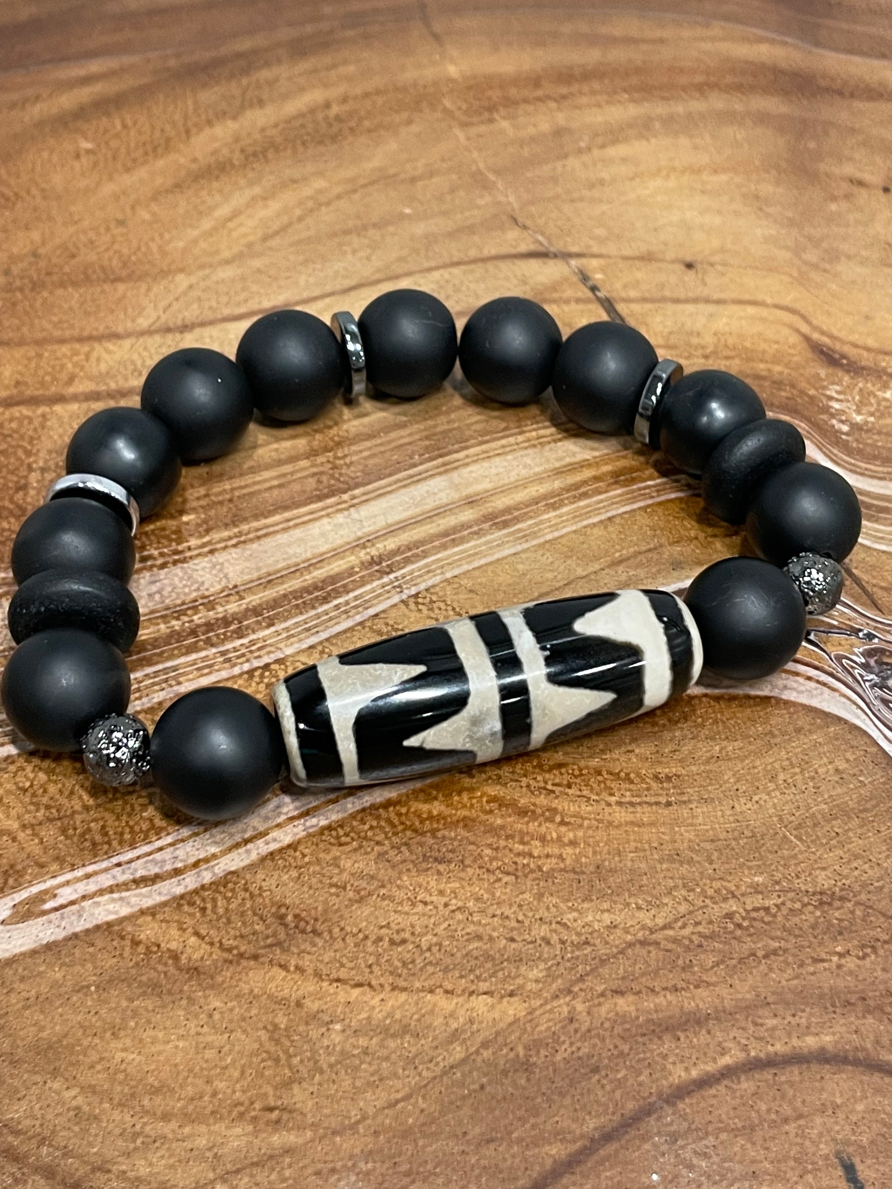 Black and Light Tan Agate Stone with Gunmetal accents.