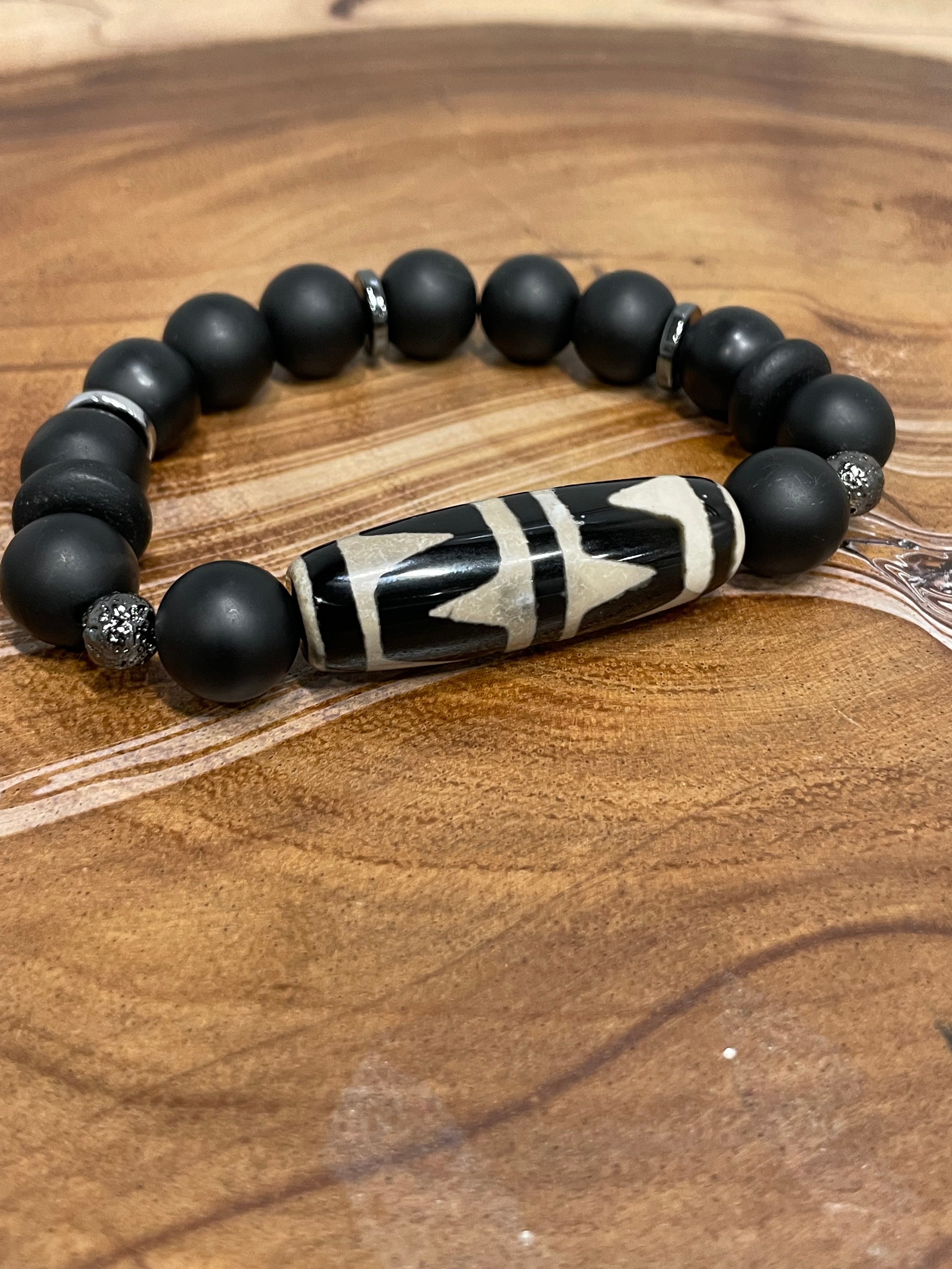 Black and Light Tan Agate Stone with Gunmetal accents.