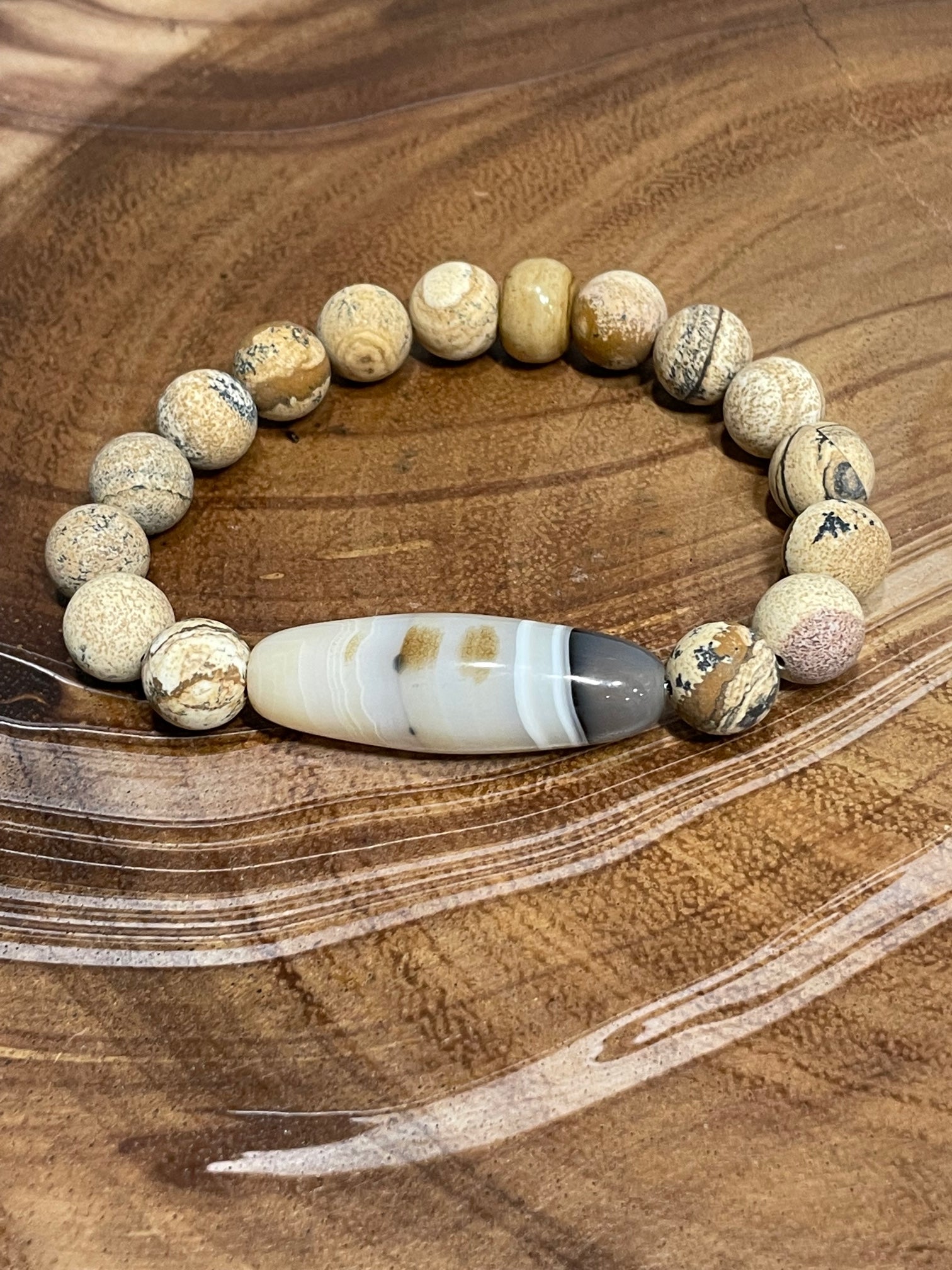 Agate Center Stone with Picture Jasper Beaded Bracelet