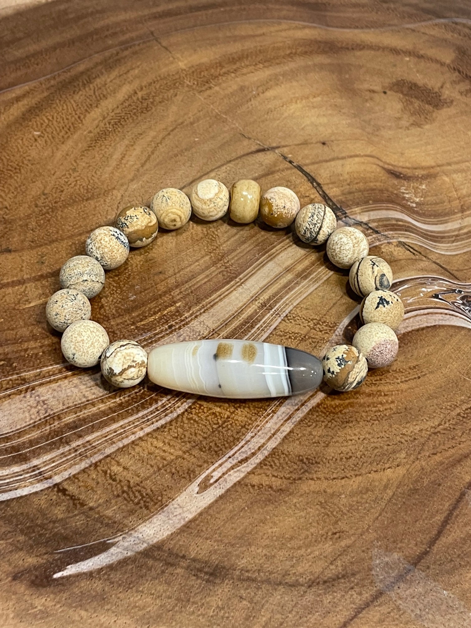 Agate Center Stone with Picture Jasper Beaded Bracelet