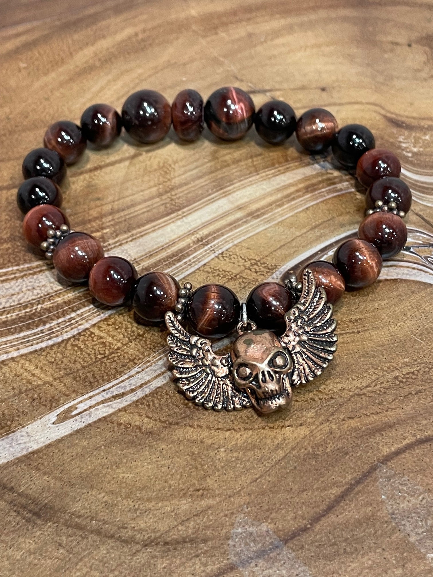 Winged Skull with Red Tiger Eye Bracelet