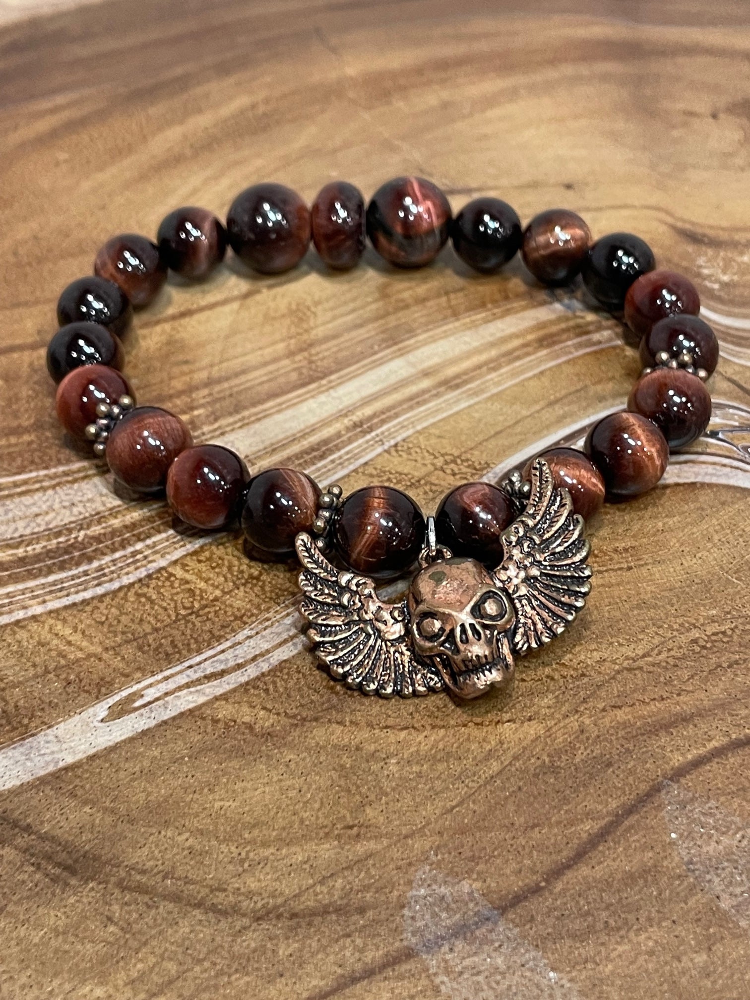 Winged Skull with Red Tiger Eye Bracelet