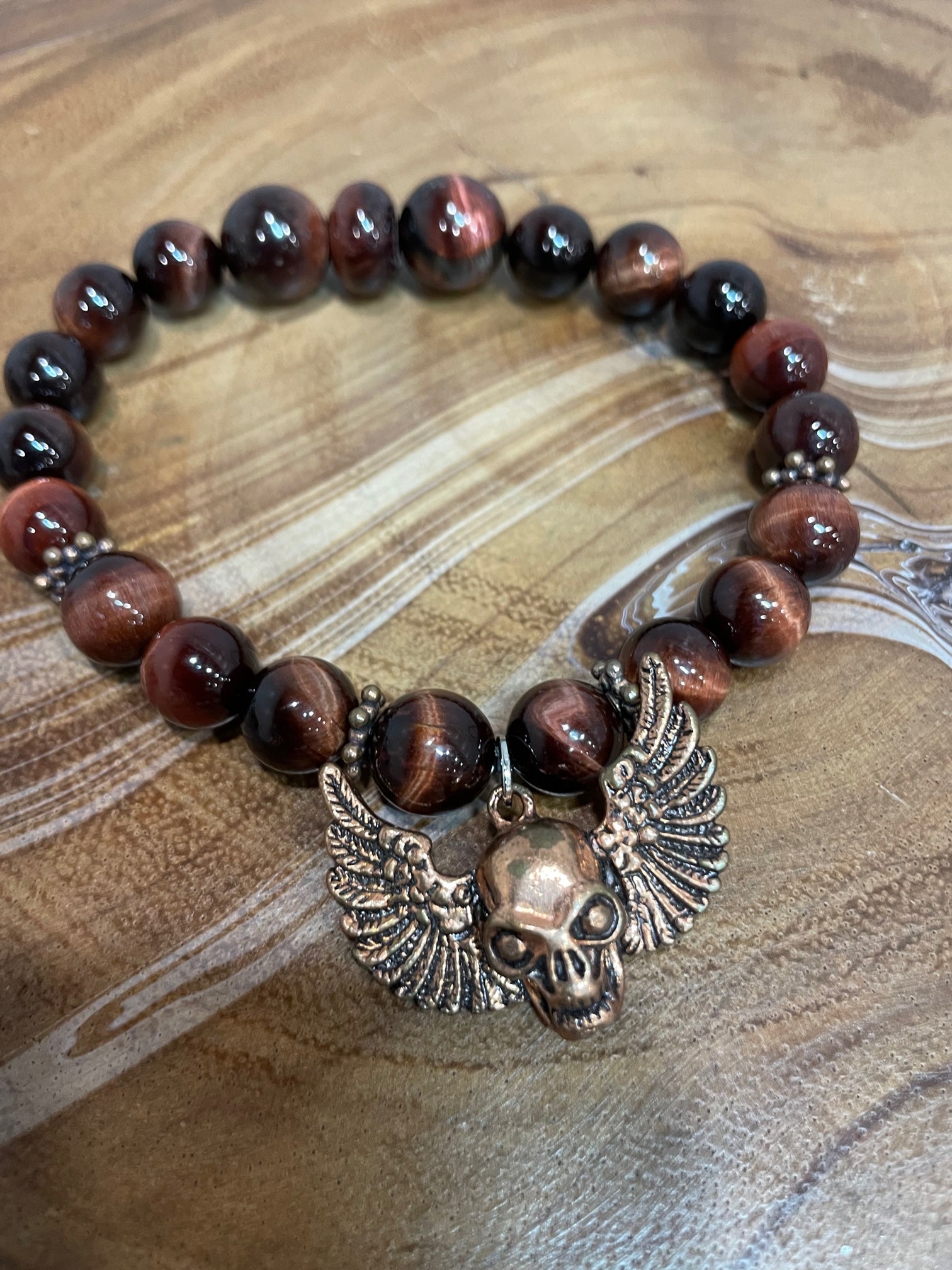 Winged Skull with Red Tiger Eye Bracelet