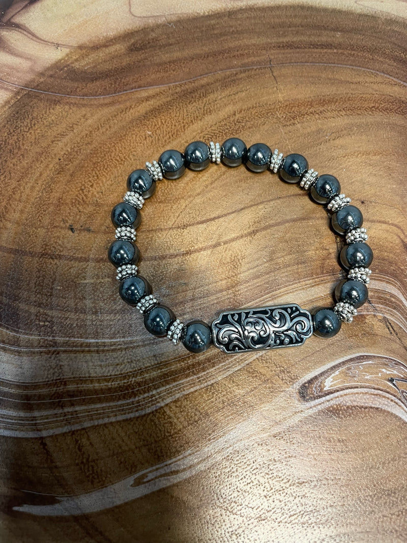 Hematite Bracelet with Brocade center bead